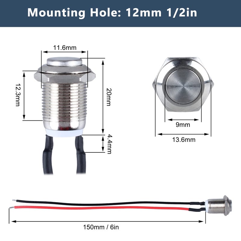 DMWD 2-Pack 12mm Momentary Metal Waterproof Push Button Switch Raised Head 1/2" Mounting Hole with Pre-soldered Cable 250V 2A 1NO - Image 3